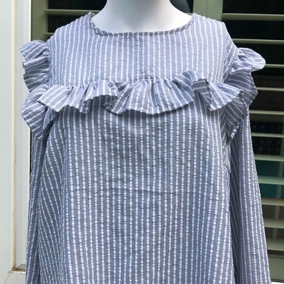Lost Ink Blue/White Stripe Ruffle Blouse SzXL - Picture 4 of 12